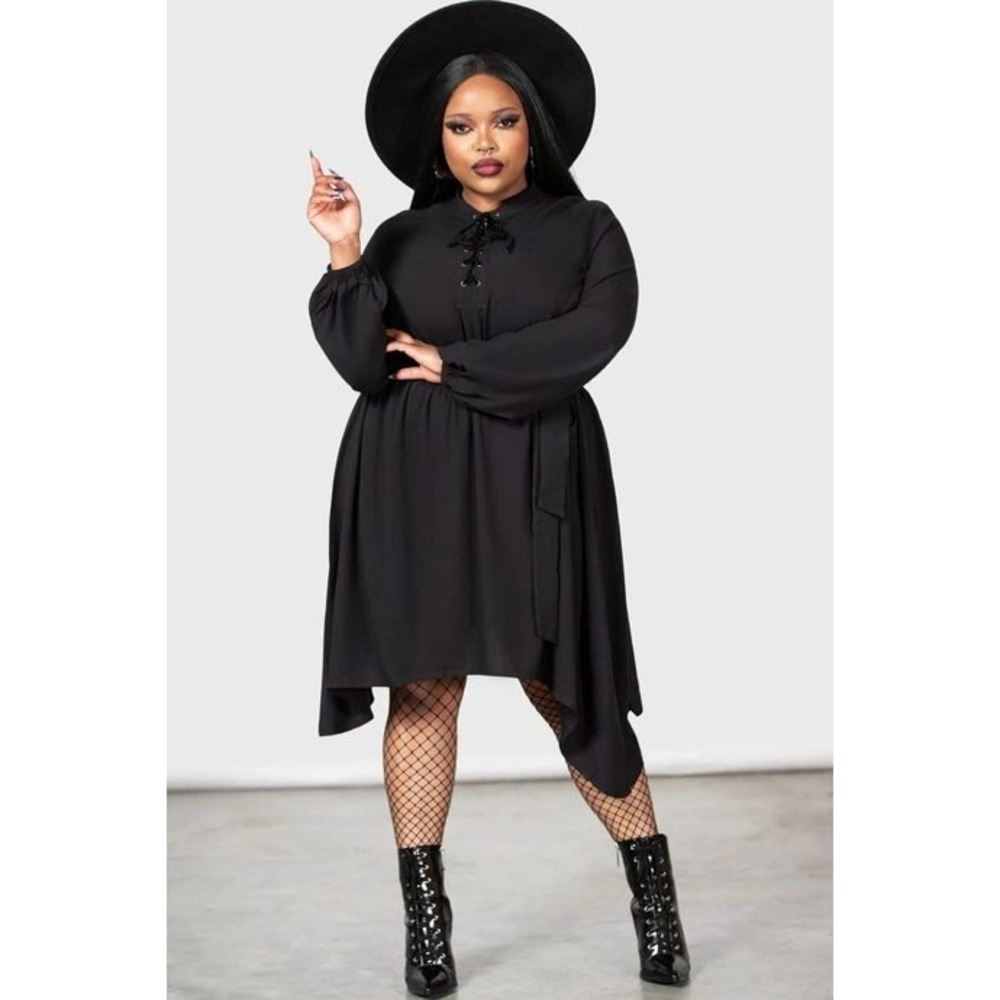 Killstar Black Lace Up Handkerchief Hem Dress Womens 3XL Long‎ Sleeve Goth